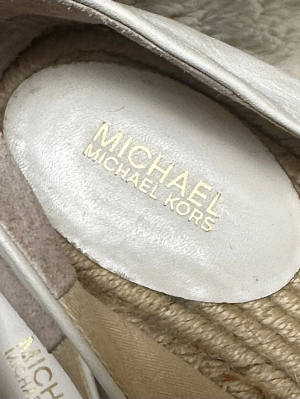 Michael Kors White Leather, Orange w/ Gold Beads Flowers Espadrilles Flats, 8 M